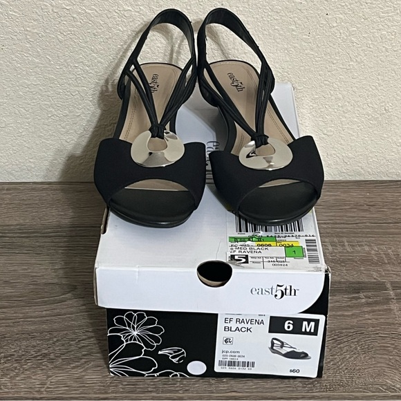 East 5th Shoes - East 5th Ravena Black Wedge Sandals